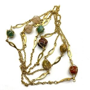 Vintage Gold Tone Caged Stone Long Necklace Over The Head Style Chain
